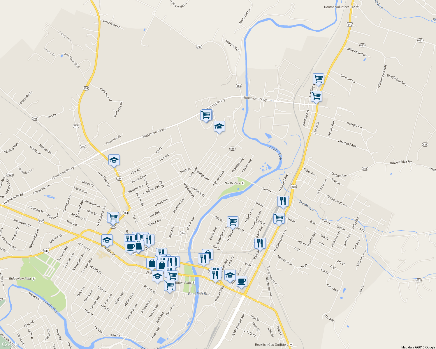 map of restaurants, bars, coffee shops, grocery stores, and more near 761 Highland Avenue in Waynesboro