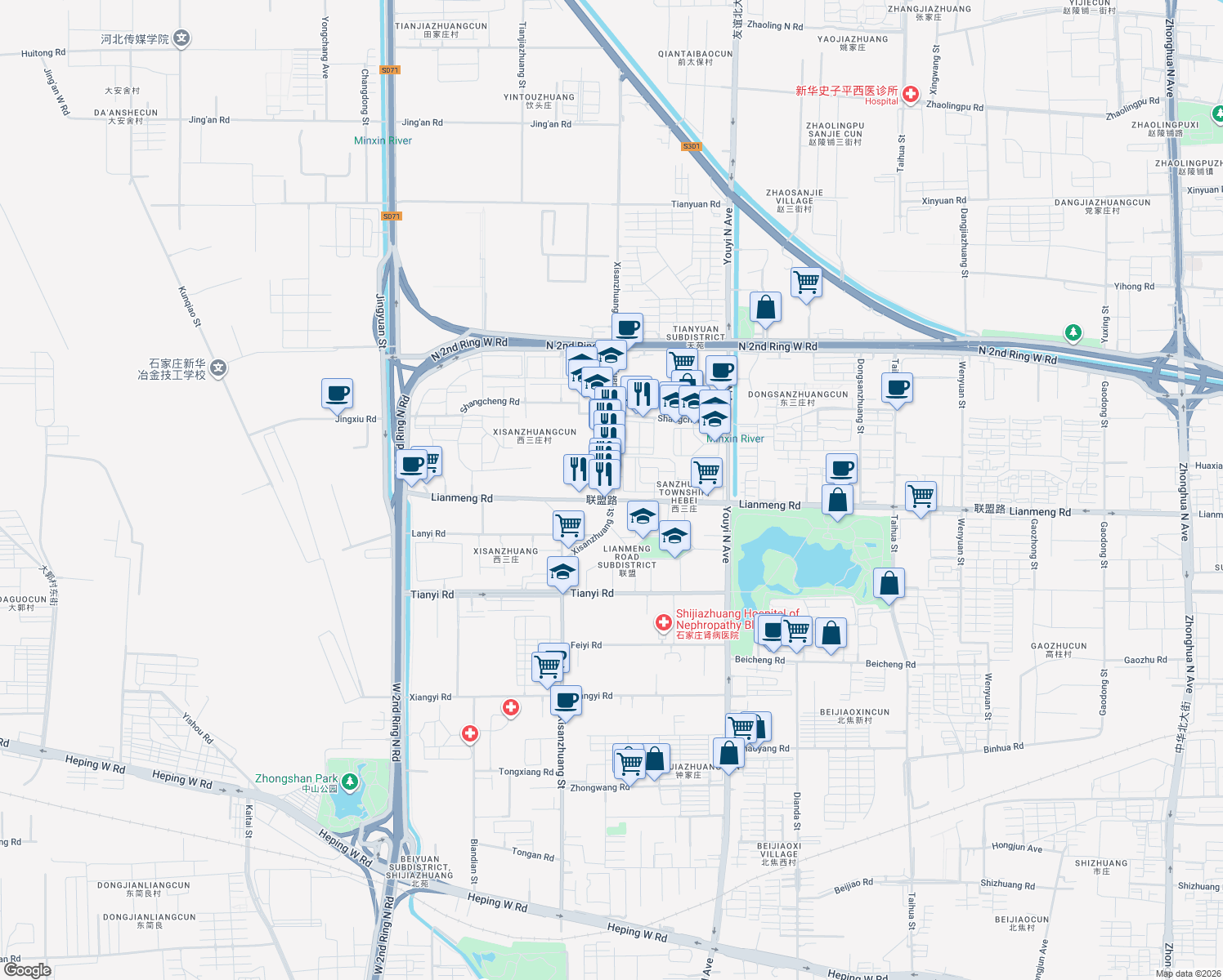 map of restaurants, bars, coffee shops, grocery stores, and more near Xi San Zhuang Jie in Shi Jia Zhuang Shi