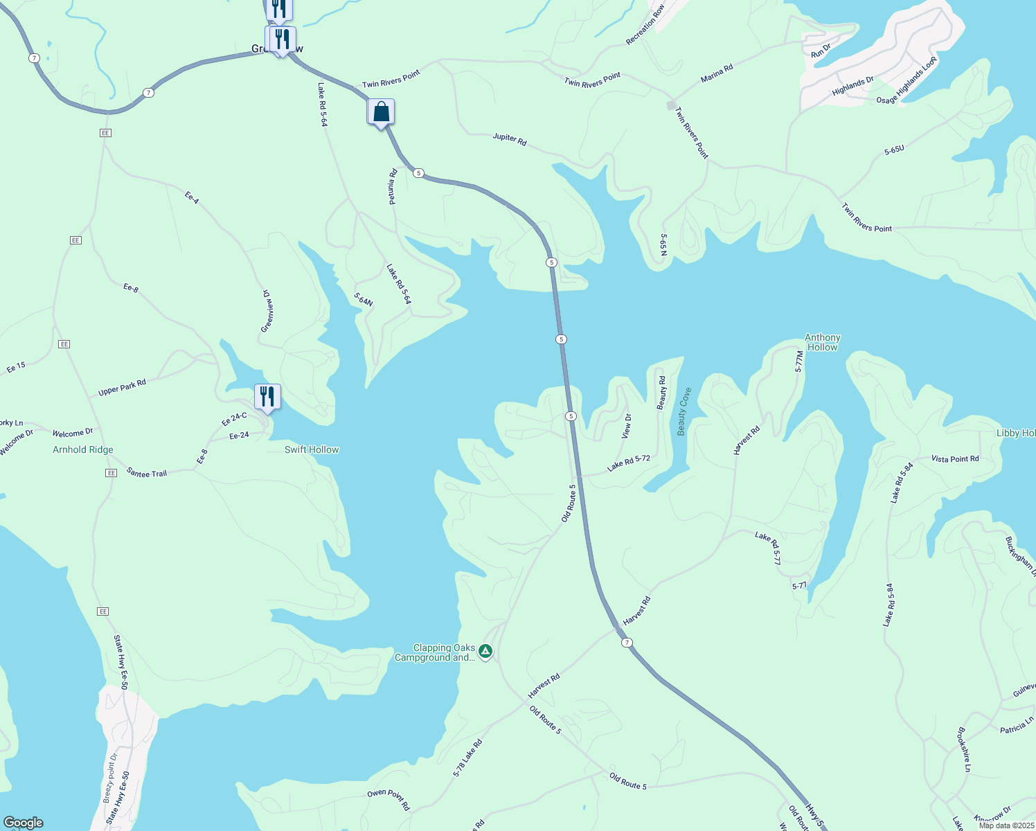 map of restaurants, bars, coffee shops, grocery stores, and more near Plaza Beach Road in Camdenton