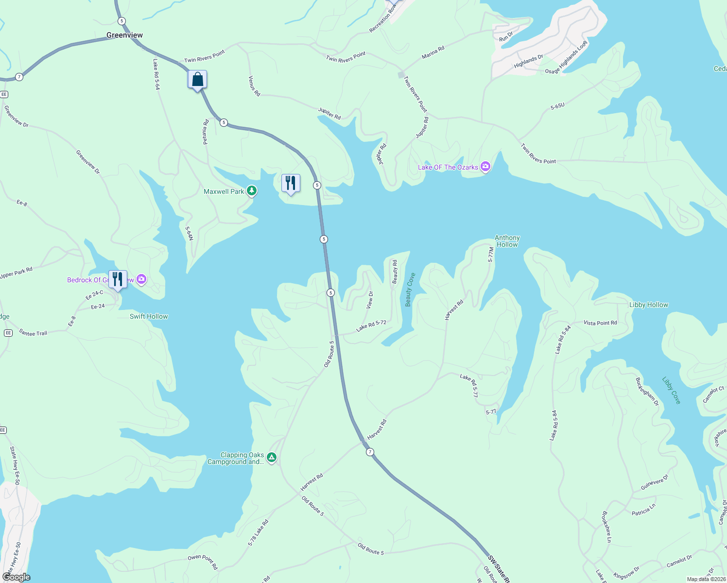 map of restaurants, bars, coffee shops, grocery stores, and more near 391 Curvy Road in Camdenton