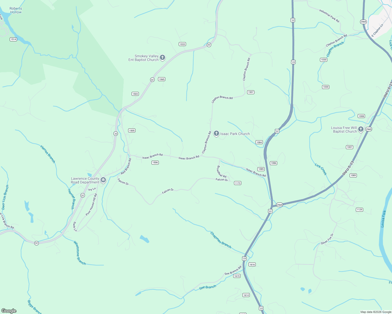 map of restaurants, bars, coffee shops, grocery stores, and more near Isaac Branch Road in Lawrence County