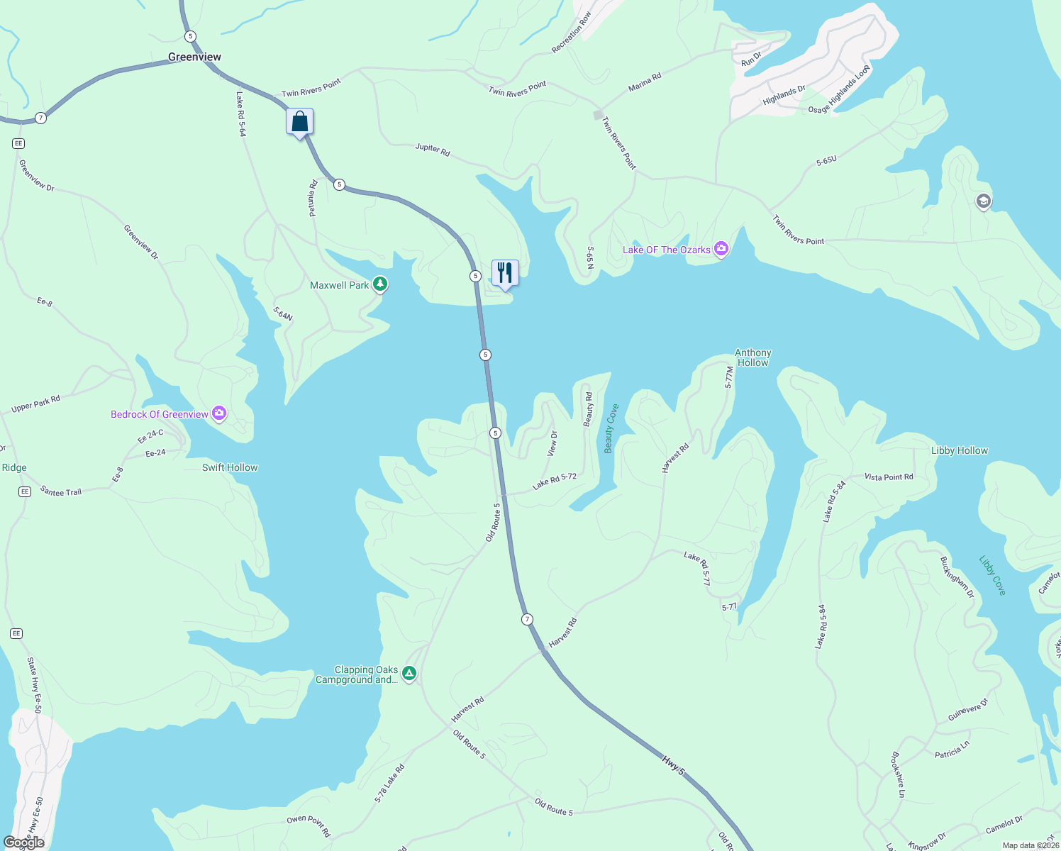 map of restaurants, bars, coffee shops, grocery stores, and more near 391 Curvy Road in Camdenton