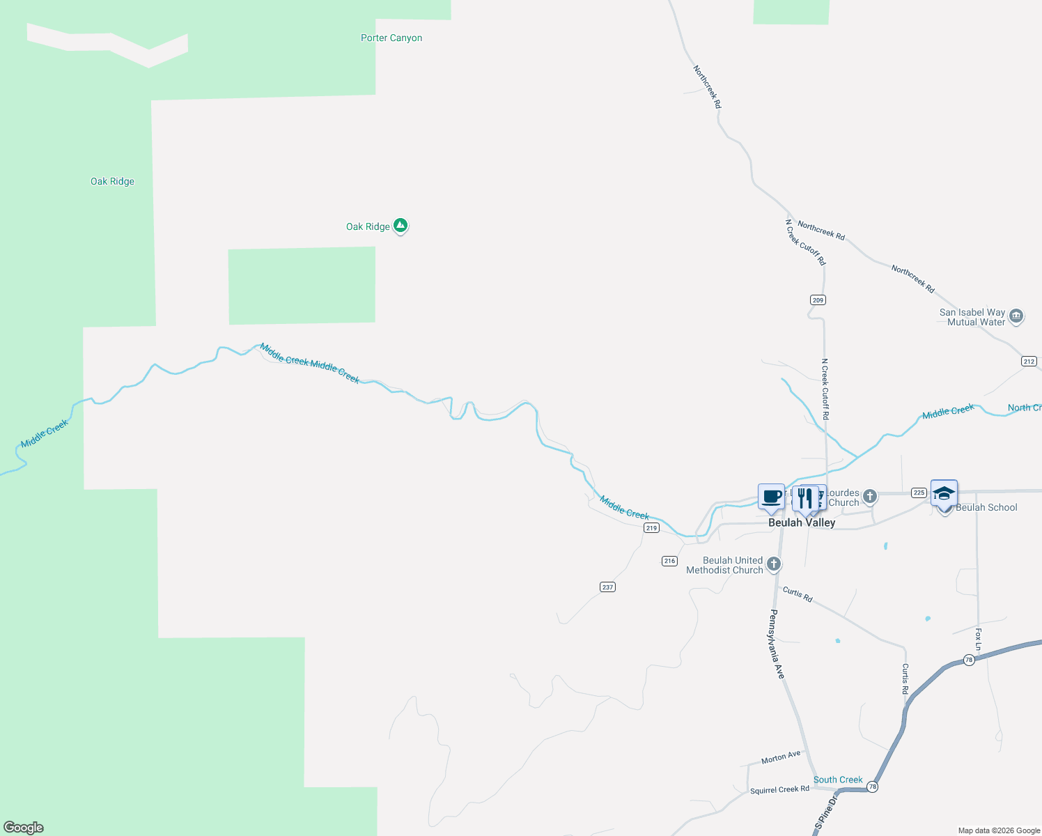 map of restaurants, bars, coffee shops, grocery stores, and more near in Beulah Valley