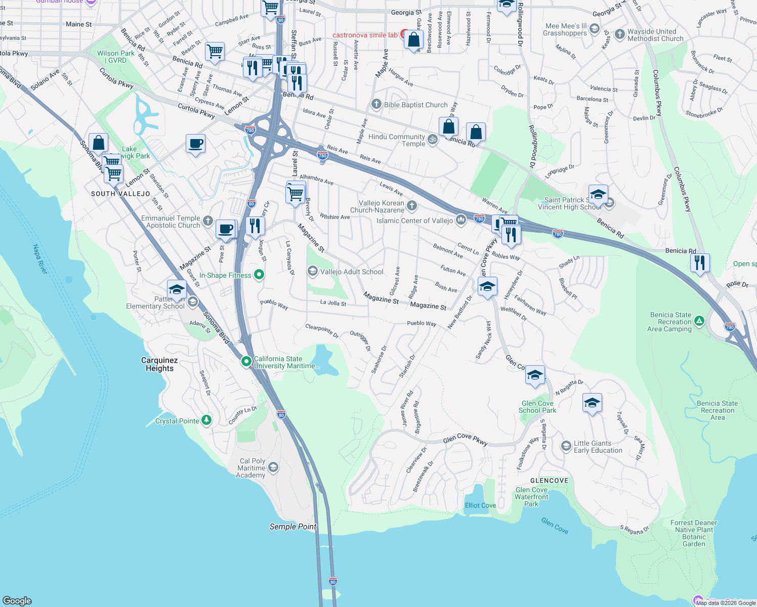 map of restaurants, bars, coffee shops, grocery stores, and more near 1609 Magazine Street in Vallejo
