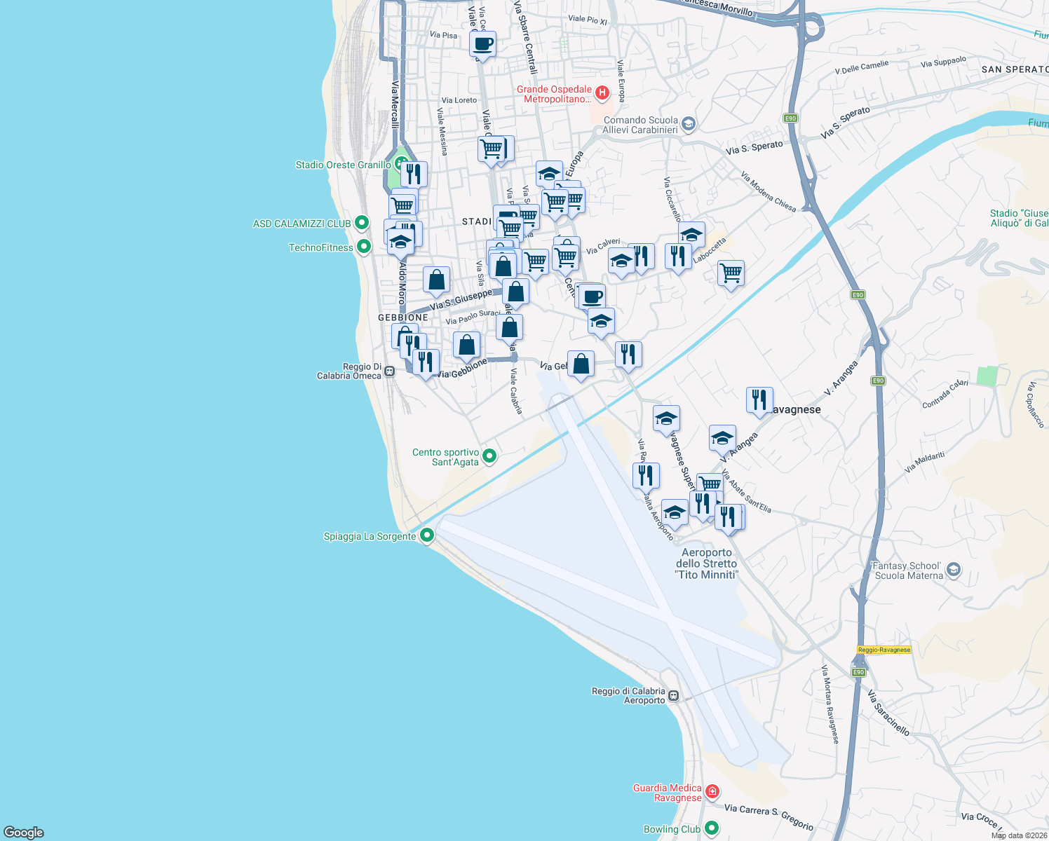 map of restaurants, bars, coffee shops, grocery stores, and more near in Reggio Calabria