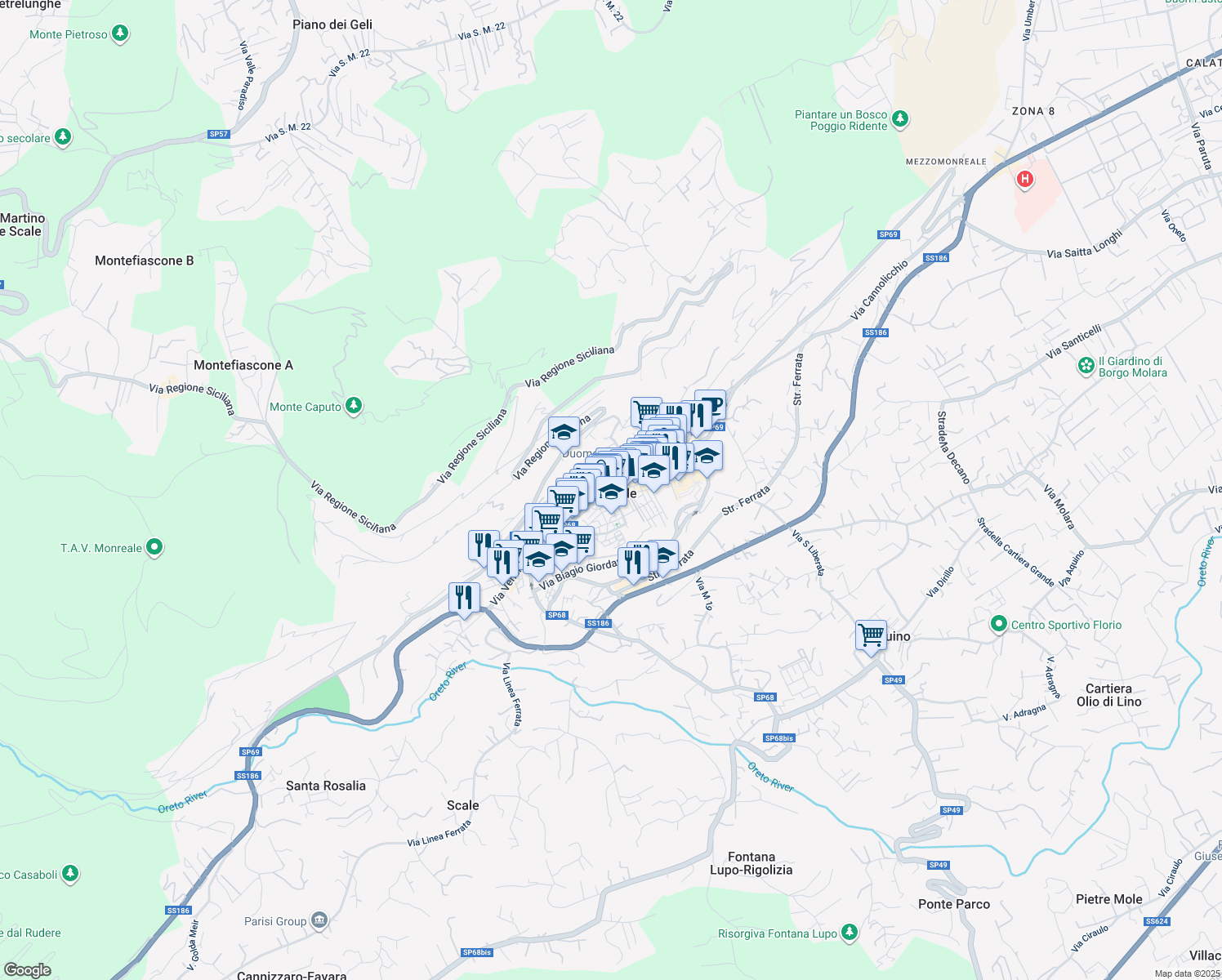map of restaurants, bars, coffee shops, grocery stores, and more near in Monreale