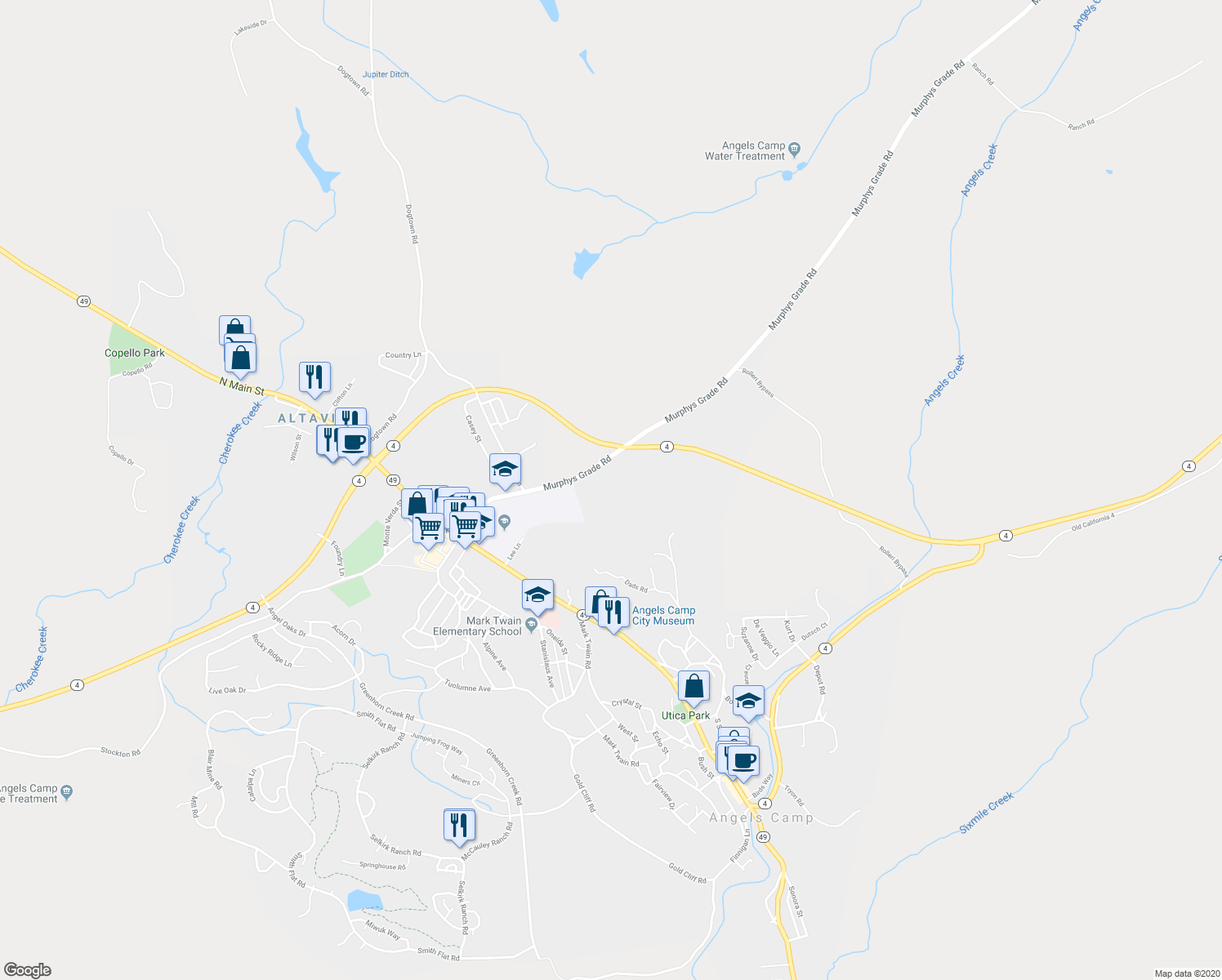 map of restaurants, bars, coffee shops, grocery stores, and more near 668 Murphys Grade Road in Angels Camp