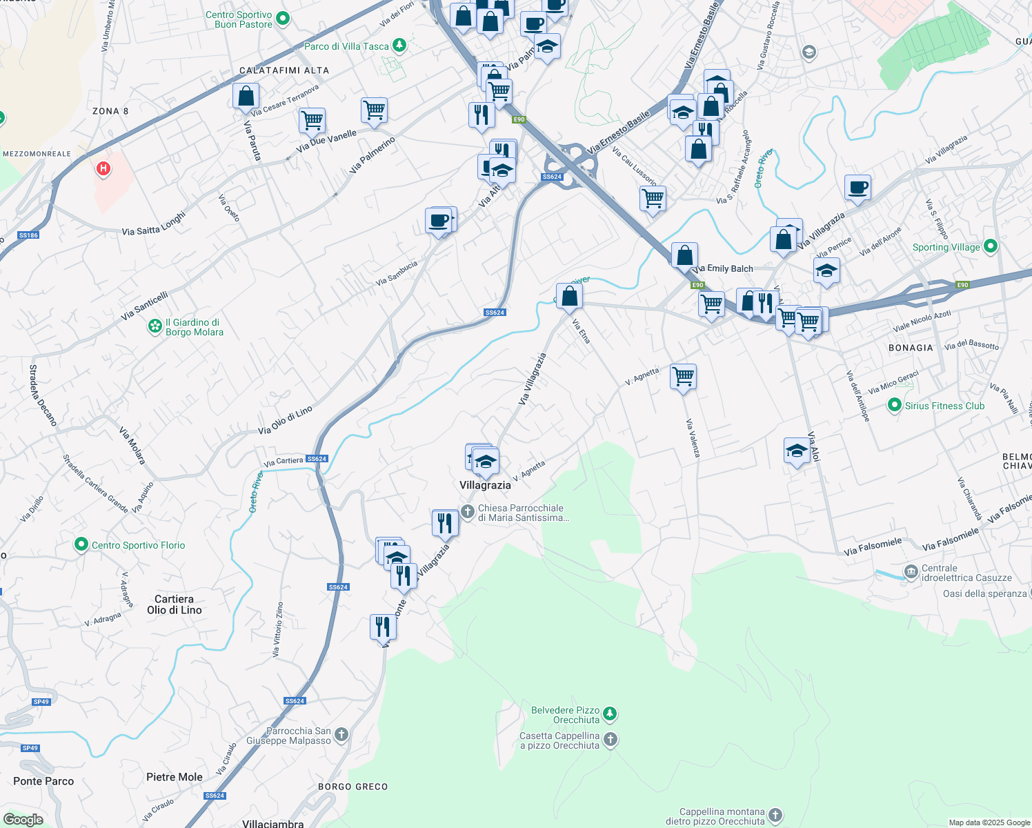 map of restaurants, bars, coffee shops, grocery stores, and more near in Villagrazia