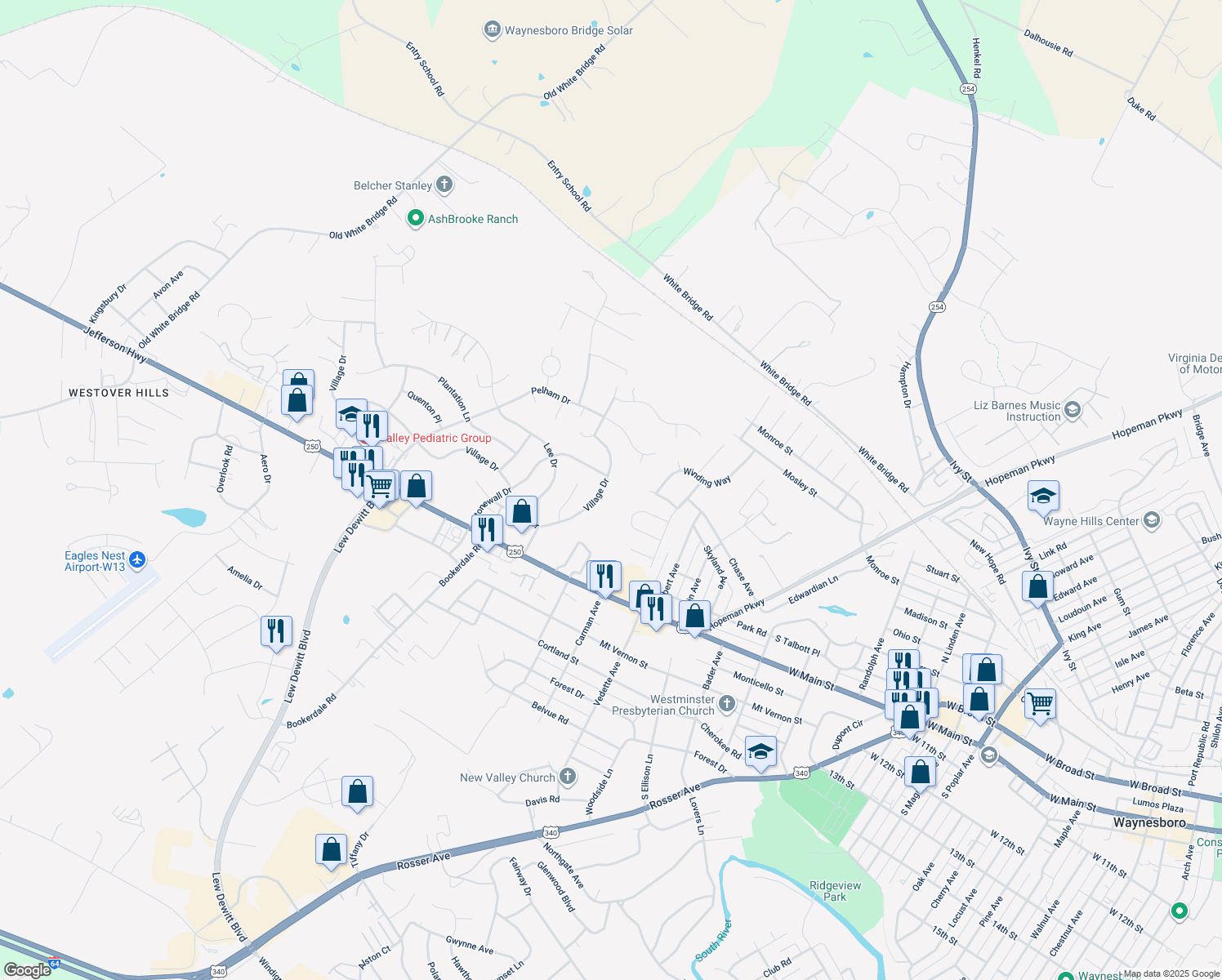 map of restaurants, bars, coffee shops, grocery stores, and more near 2554 Village Drive in Waynesboro
