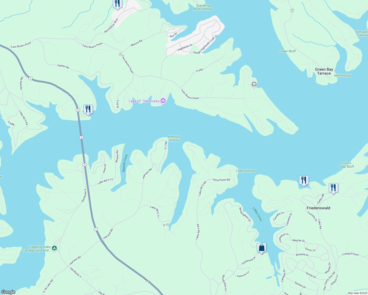 map of restaurants, bars, coffee shops, grocery stores, and more near 7 Claw Drive in Camdenton