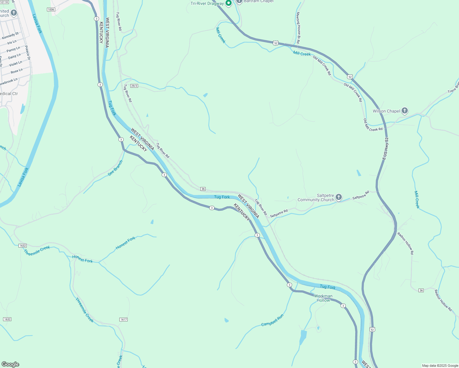 map of restaurants, bars, coffee shops, grocery stores, and more near Tug River Road in Fort Gay