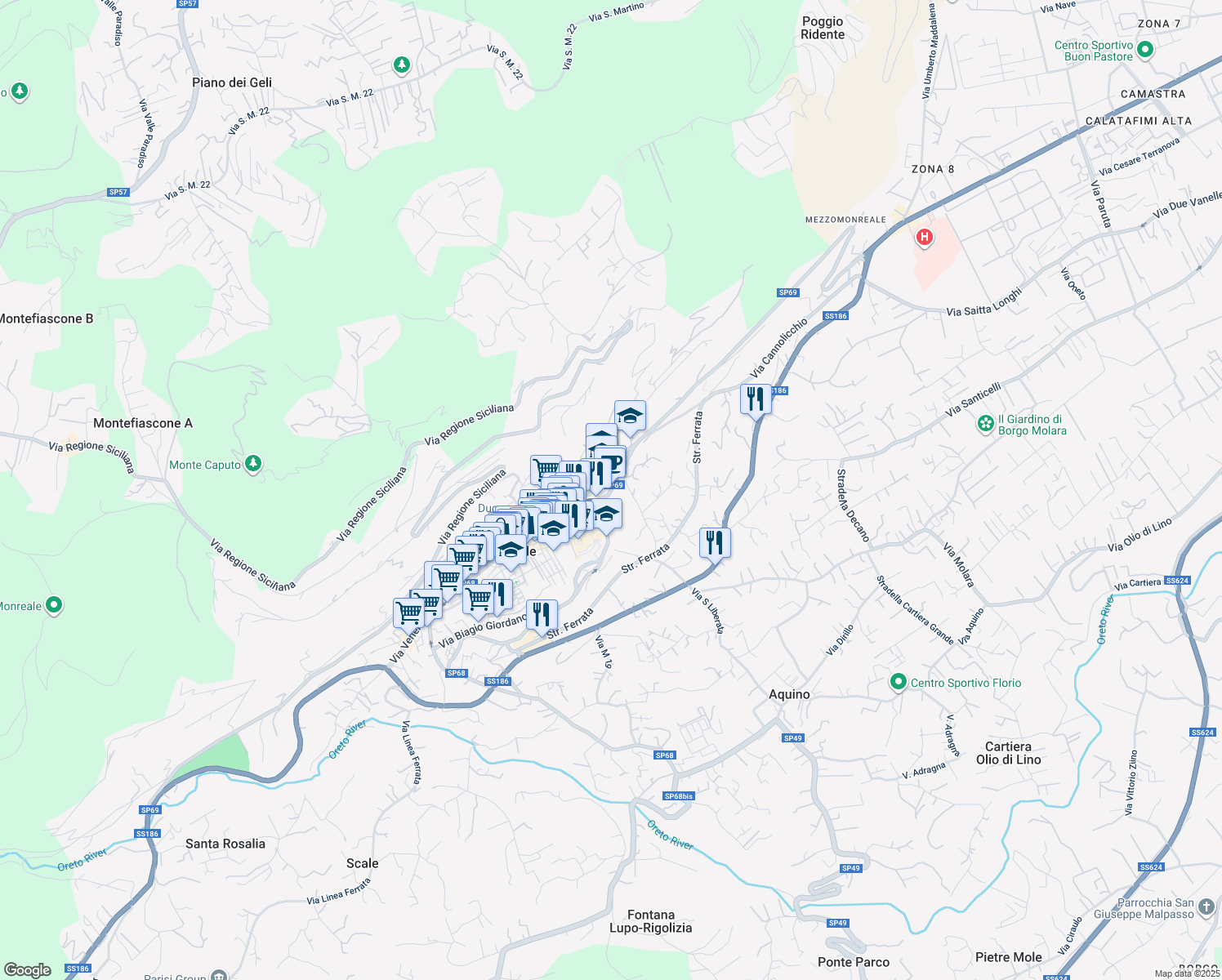 map of restaurants, bars, coffee shops, grocery stores, and more near 55 Via Benedetto D'Acquisto in Palermo