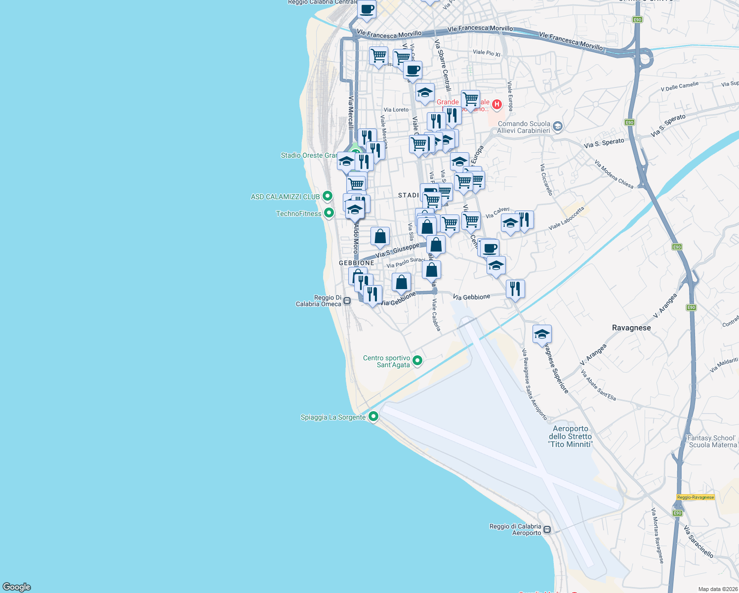 map of restaurants, bars, coffee shops, grocery stores, and more near 130 Viale Aldo Moro in Reggio Calabria