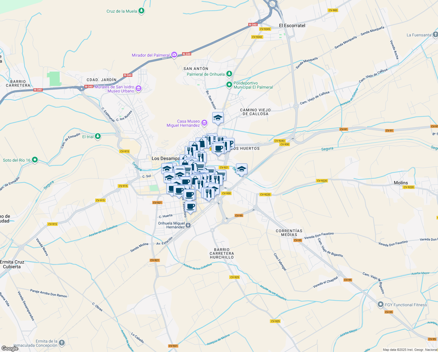 map of restaurants, bars, coffee shops, grocery stores, and more near 7A Carrer Camí Vj Molins in Orihuela