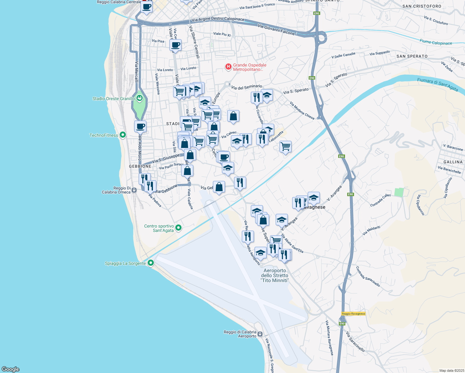 map of restaurants, bars, coffee shops, grocery stores, and more near 150 Via Gebbione in Reggio Calabria