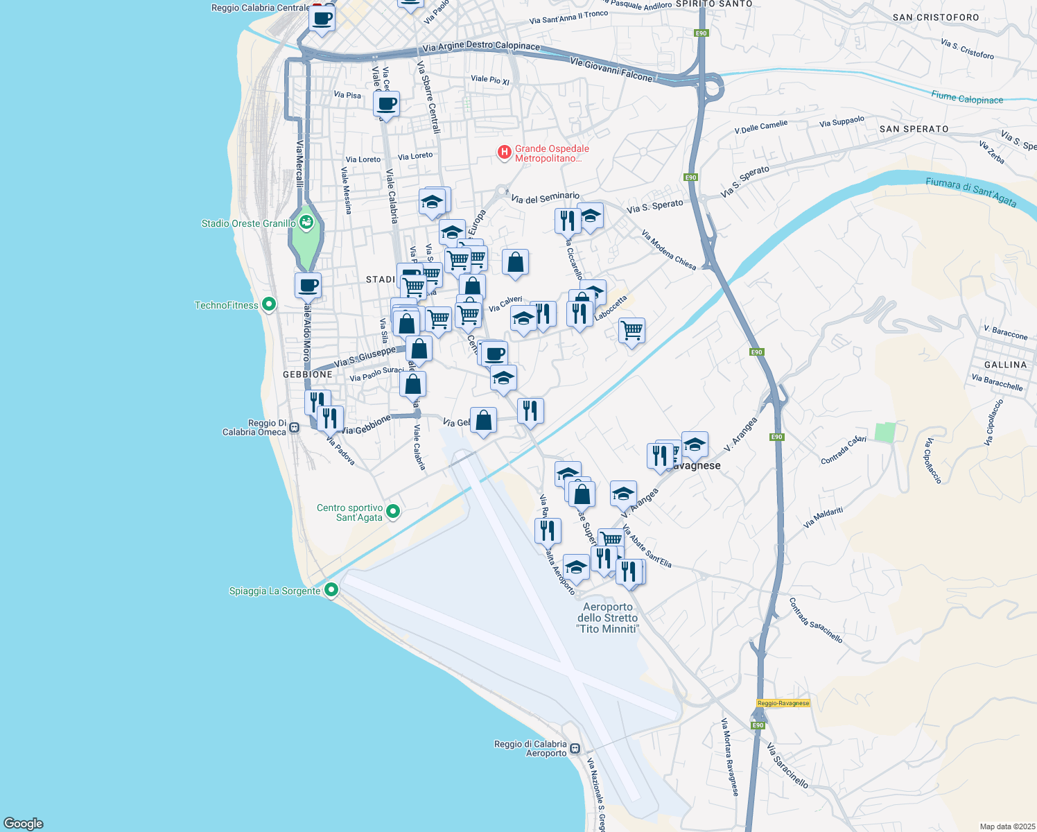map of restaurants, bars, coffee shops, grocery stores, and more near 150 Via Gebbione in Reggio Calabria