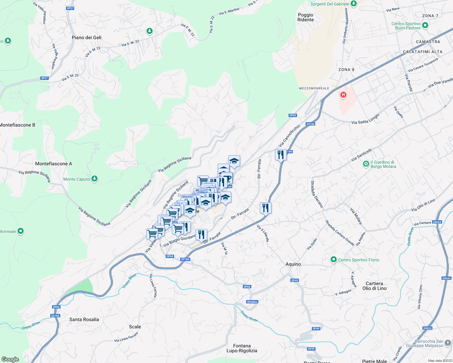 map of restaurants, bars, coffee shops, grocery stores, and more near 55 Via D'acquisto Benedetto in Monreale