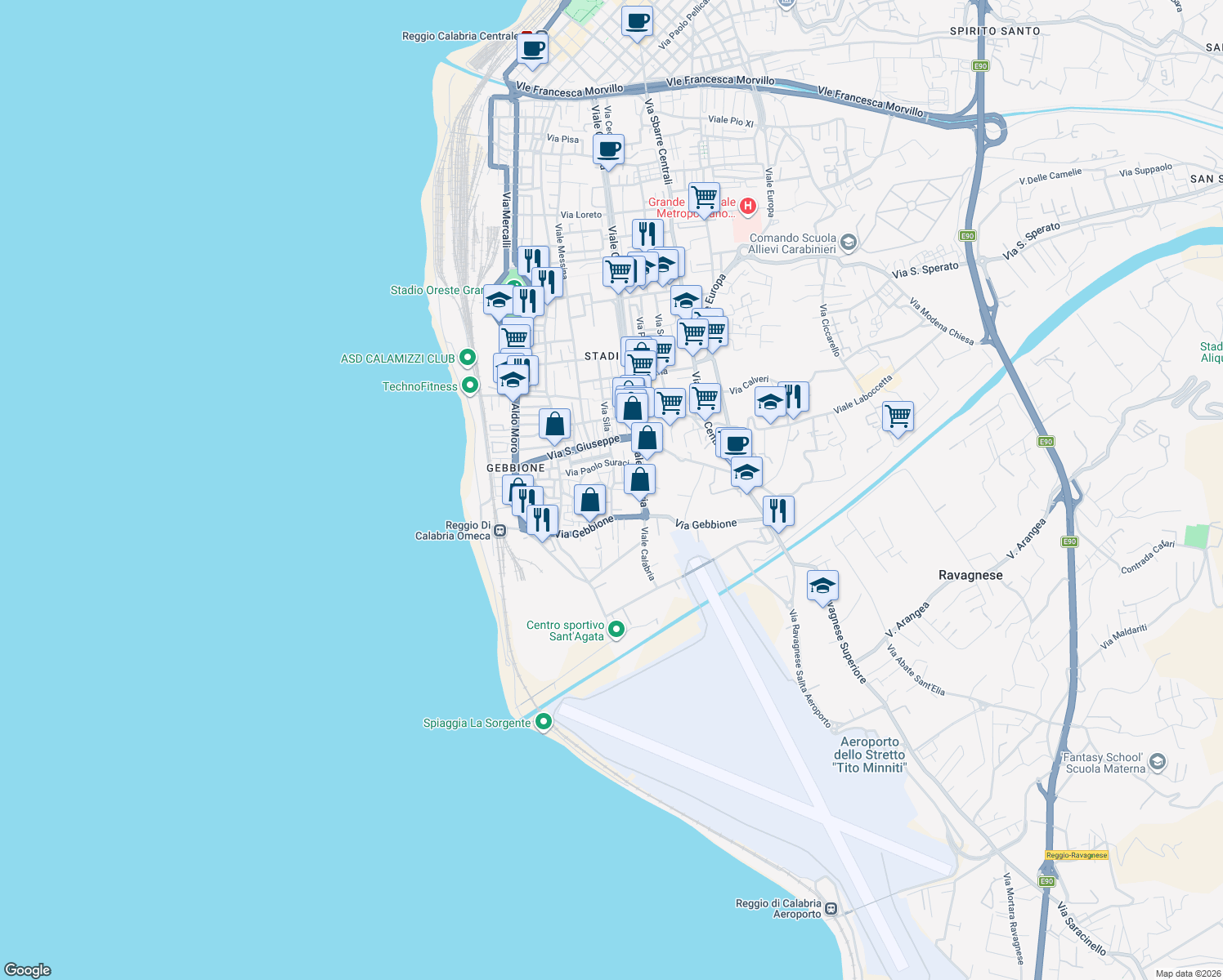map of restaurants, bars, coffee shops, grocery stores, and more near Via S. Giuseppe in Reggio Calabria