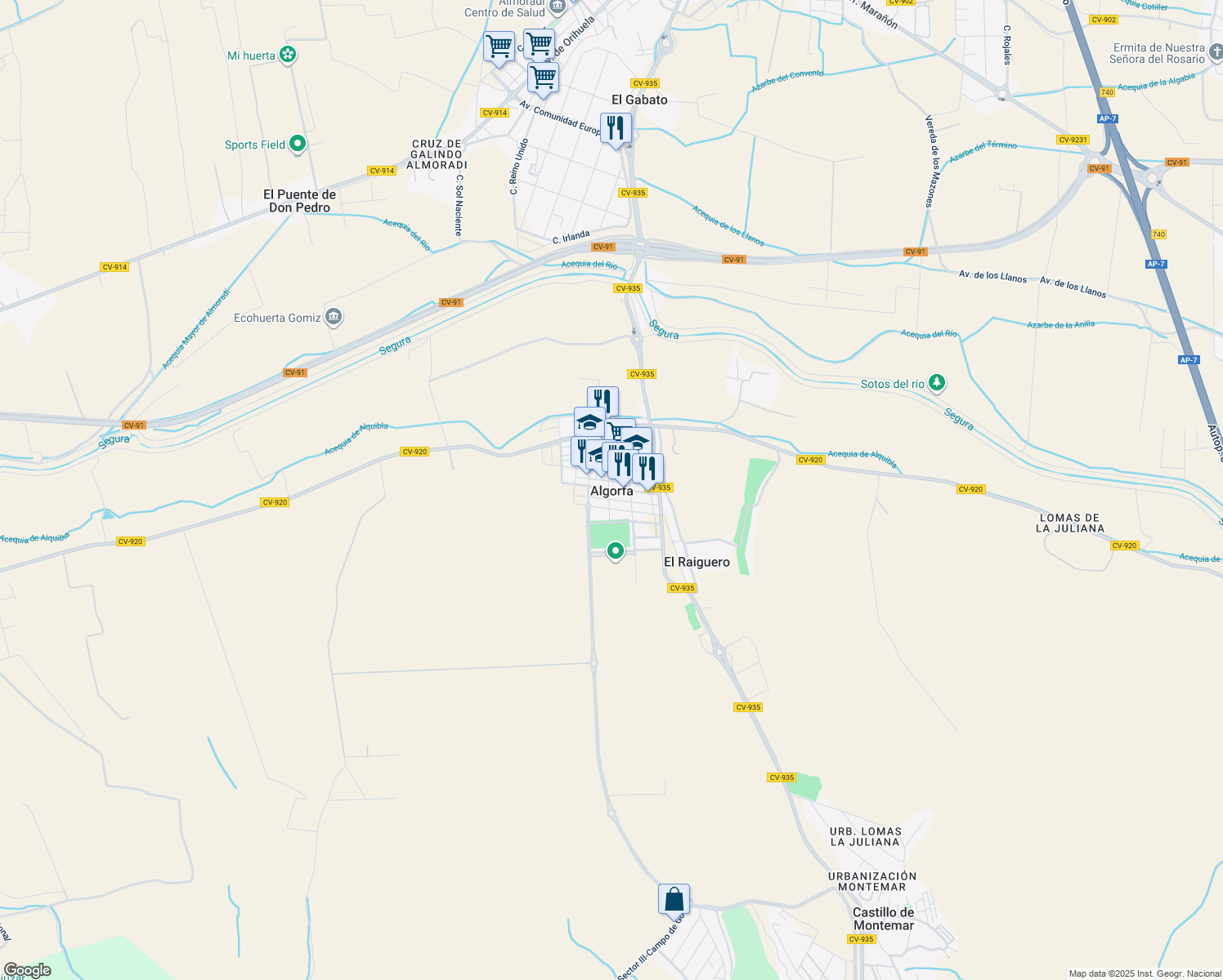 map of restaurants, bars, coffee shops, grocery stores, and more near 33 Avenida Constitución in Algorfa