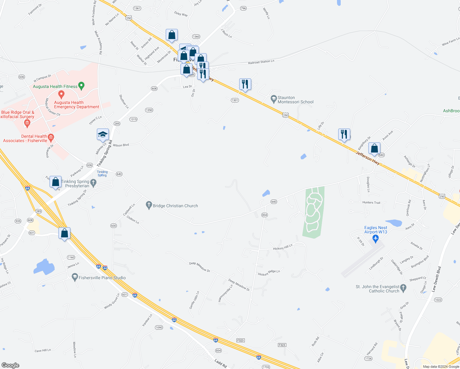 map of restaurants, bars, coffee shops, grocery stores, and more near 1588 Goose Creek Road in Fishersville