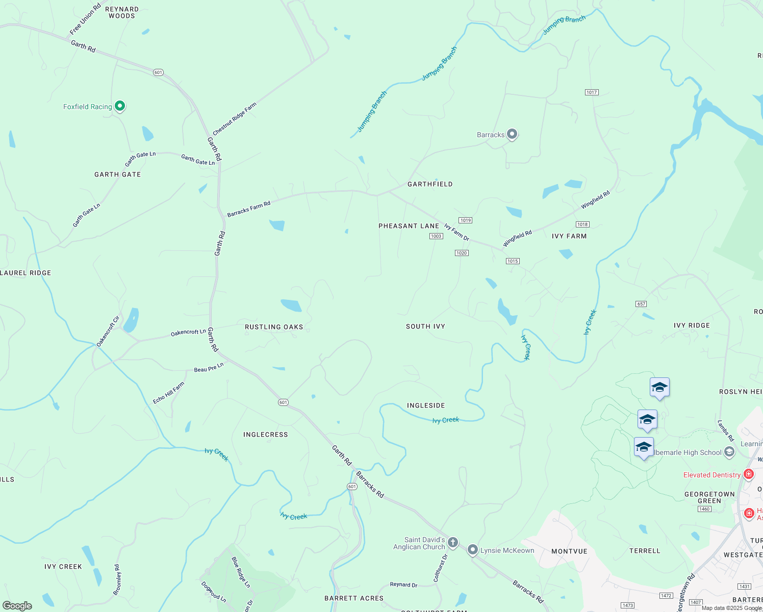 map of restaurants, bars, coffee shops, grocery stores, and more near 1882 Fox Run Lane in Charlottesville