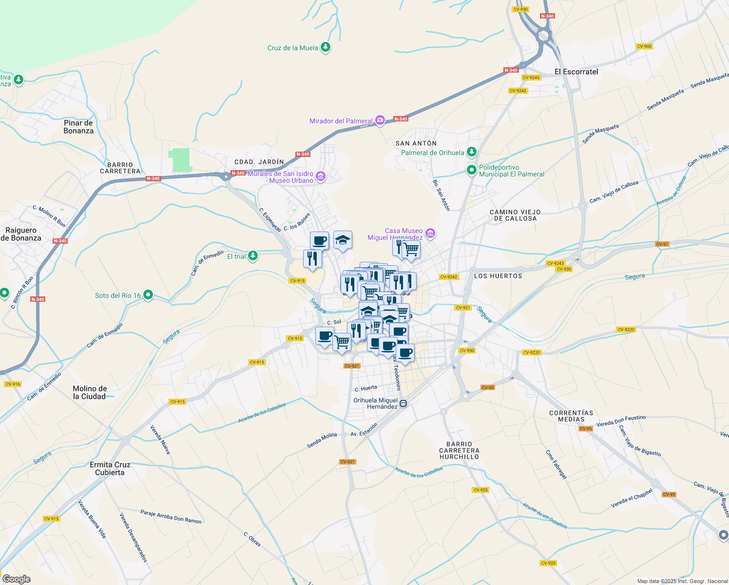 map of restaurants, bars, coffee shops, grocery stores, and more near 2 Calle Obispo Victorio Oliver in Orihuela