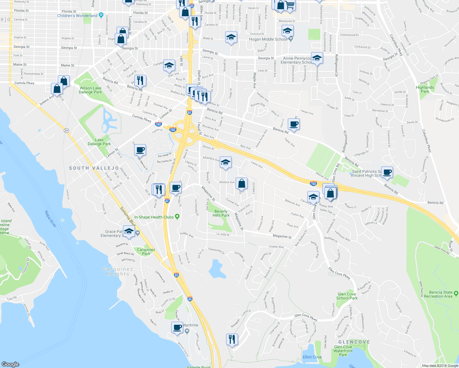 map of restaurants, bars, coffee shops, grocery stores, and more near 207 Wilshire Avenue in Vallejo