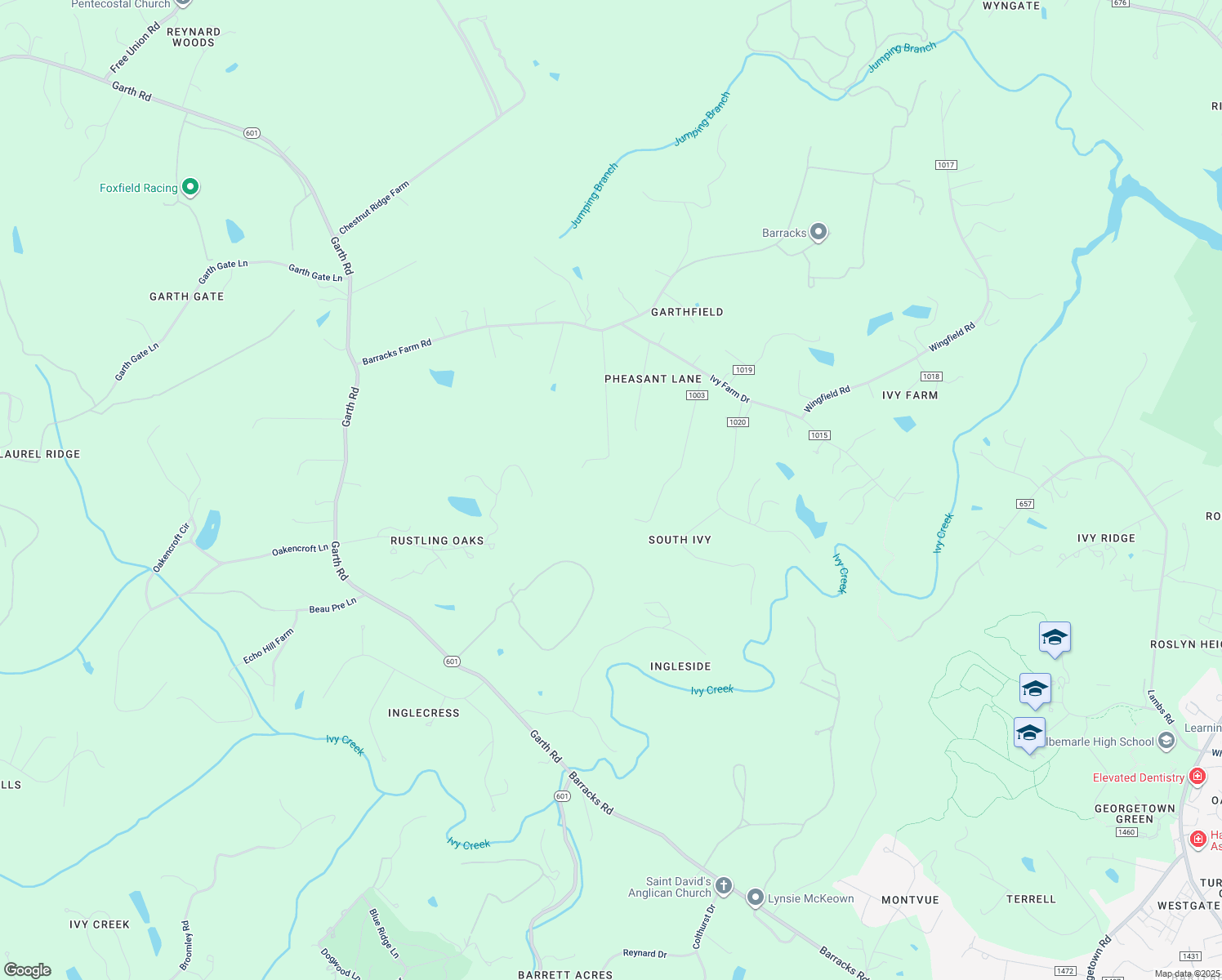 map of restaurants, bars, coffee shops, grocery stores, and more near 1882 Fox Run Lane in Charlottesville