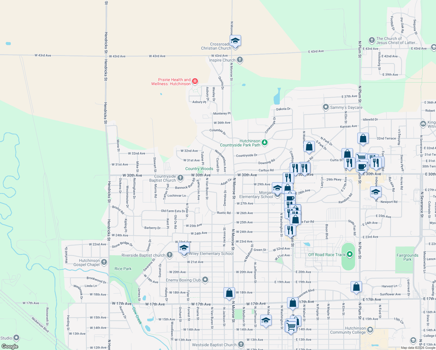 map of restaurants, bars, coffee shops, grocery stores, and more near 638 W 30th Ave in Hutchinson