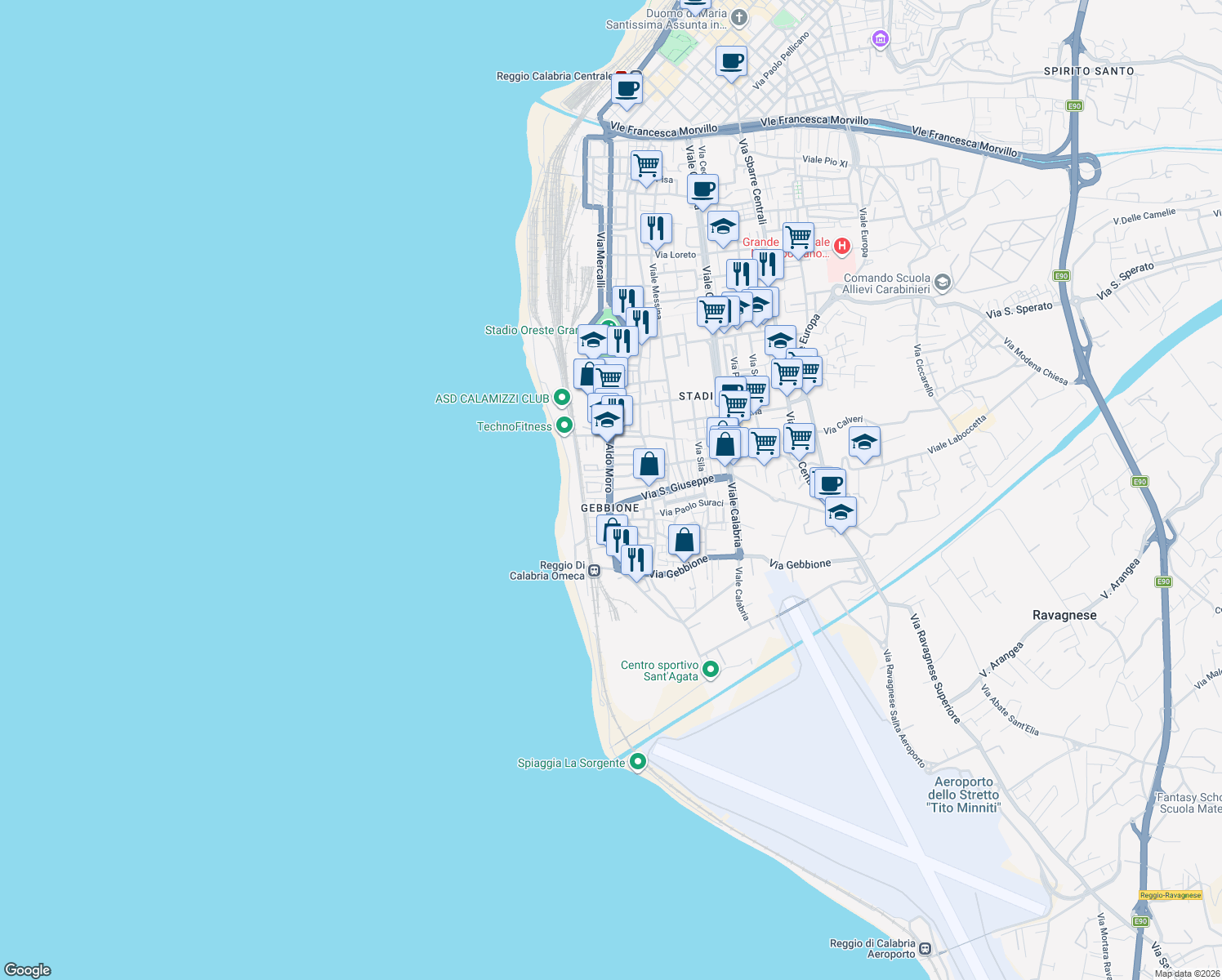 map of restaurants, bars, coffee shops, grocery stores, and more near Via S. Giuseppe in Reggio Calabria