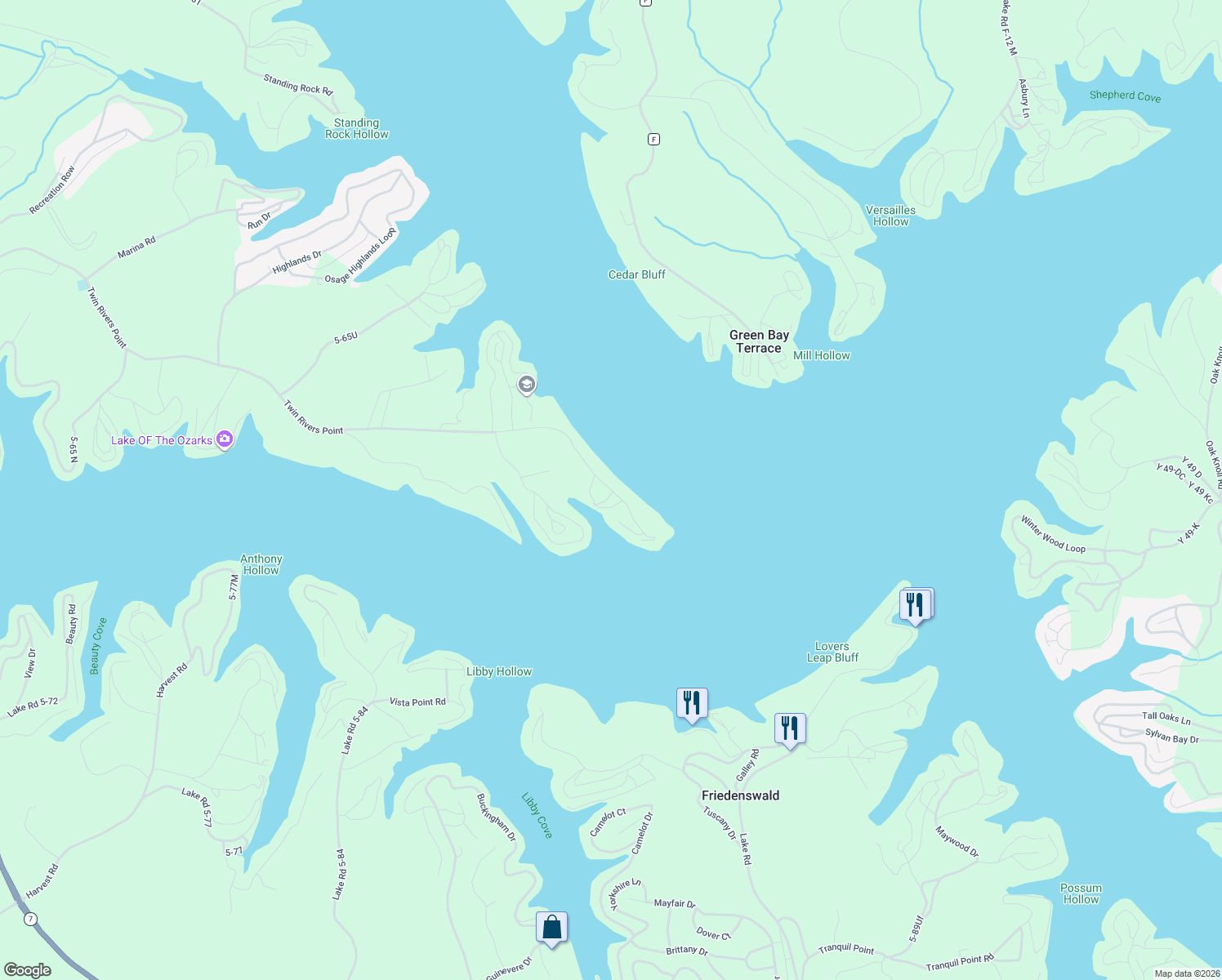 map of restaurants, bars, coffee shops, grocery stores, and more near Twin Rivers Point in Camdenton