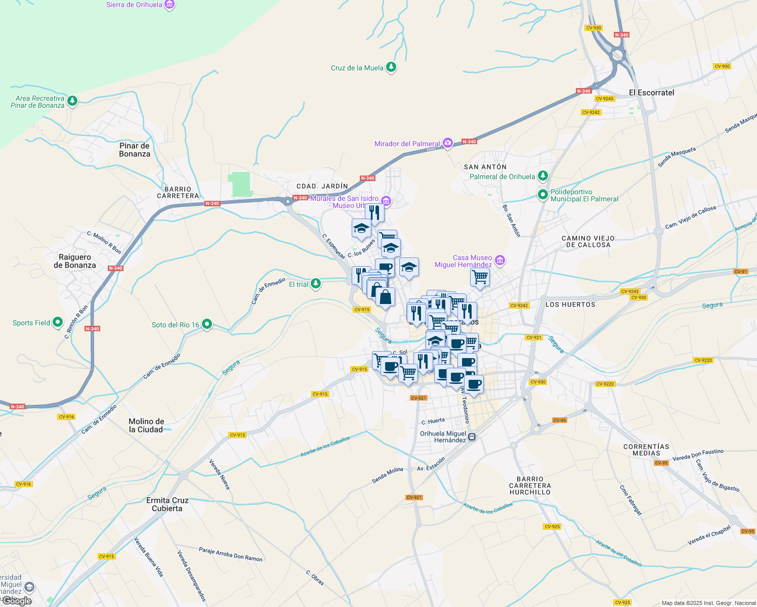 map of restaurants, bars, coffee shops, grocery stores, and more near 2 Calle Obispo Victorio Oliver in Orihuela