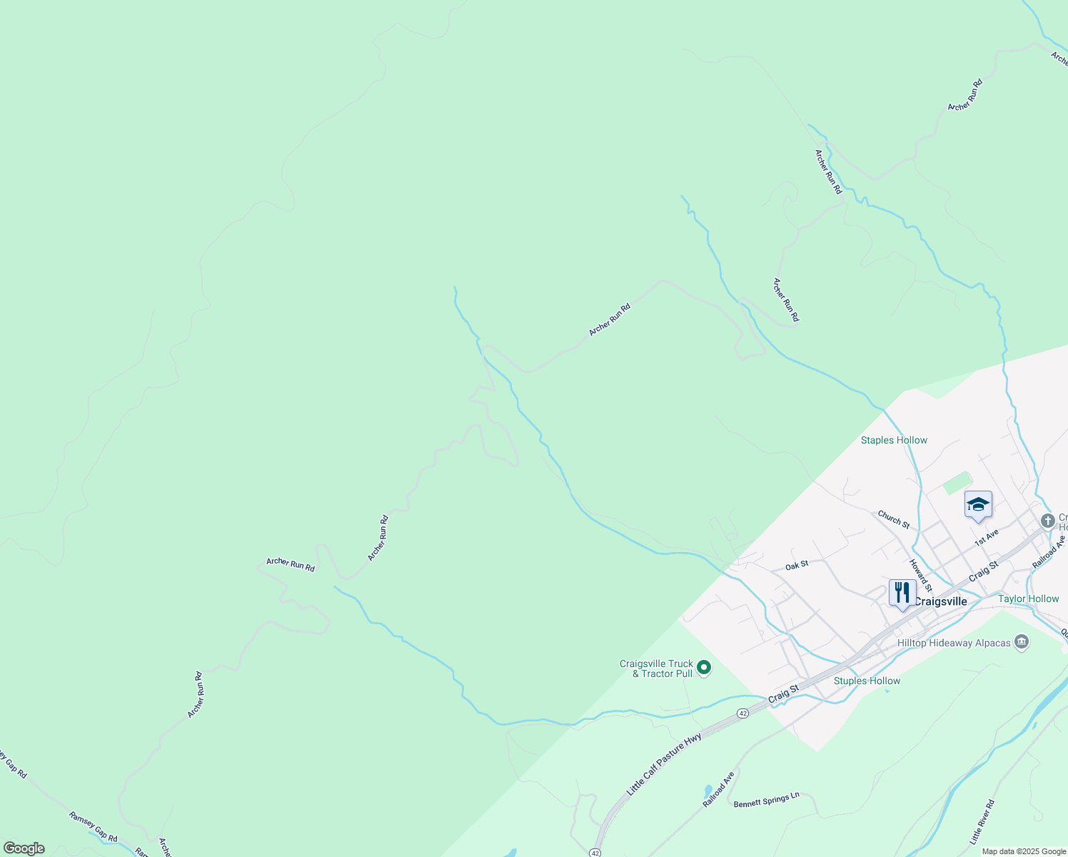map of restaurants, bars, coffee shops, grocery stores, and more near Stuples Hollow Road in Craigsville