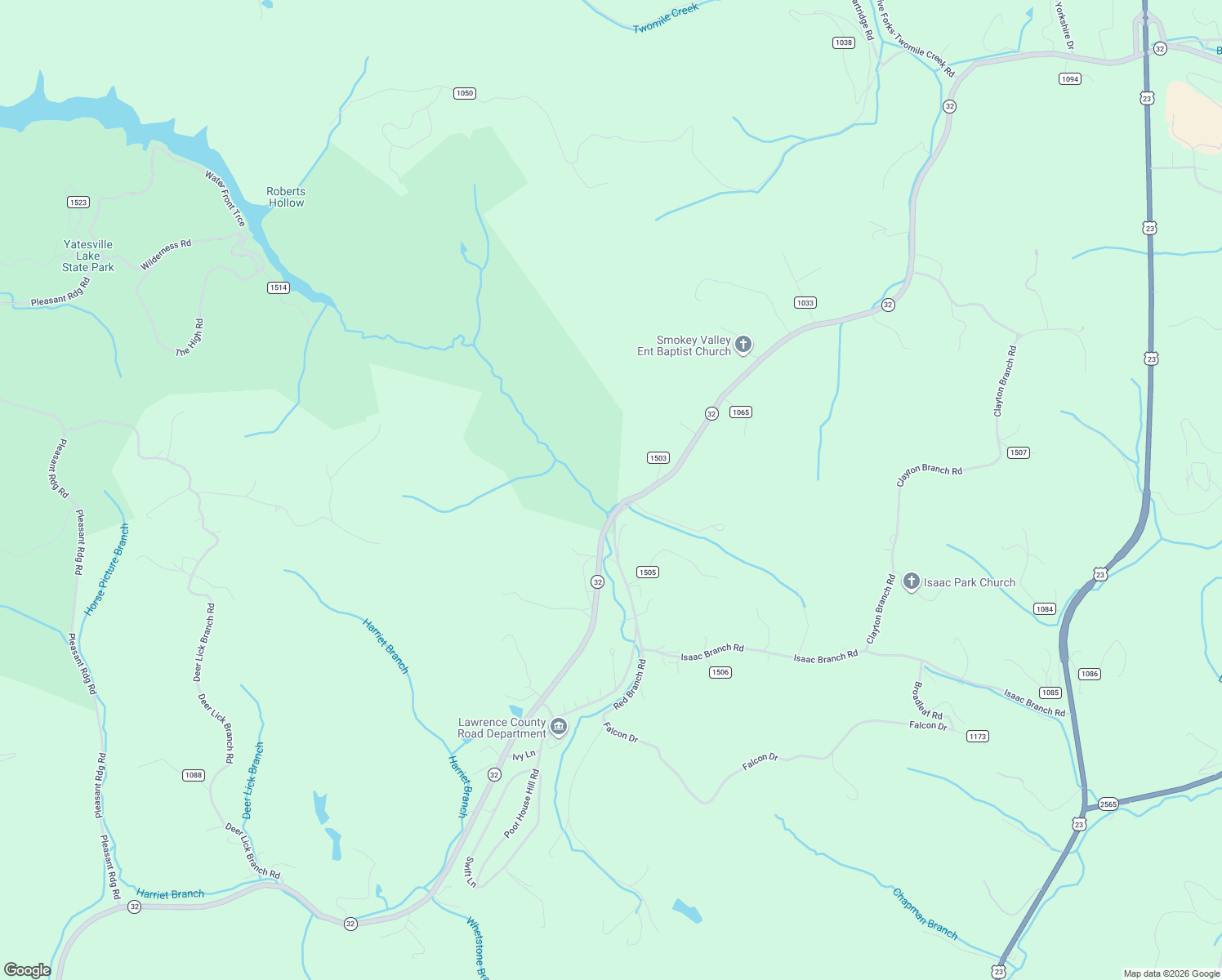 map of restaurants, bars, coffee shops, grocery stores, and more near Highway 32 in Louisa