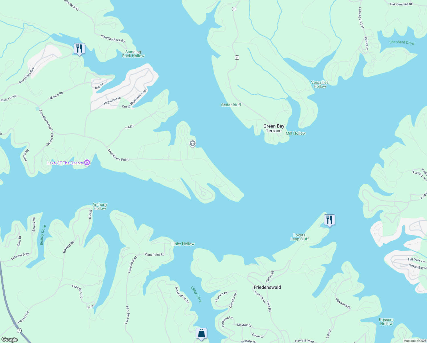 map of restaurants, bars, coffee shops, grocery stores, and more near 2817 Twin Rivers Point in Camdenton
