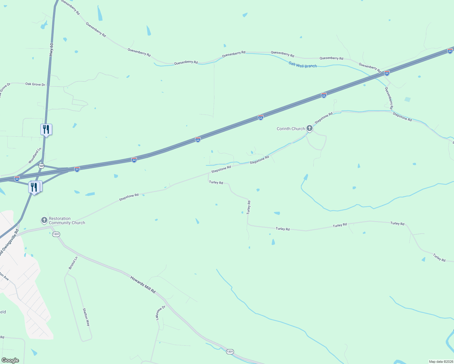 map of restaurants, bars, coffee shops, grocery stores, and more near 3200 Turley Road in Mount Sterling