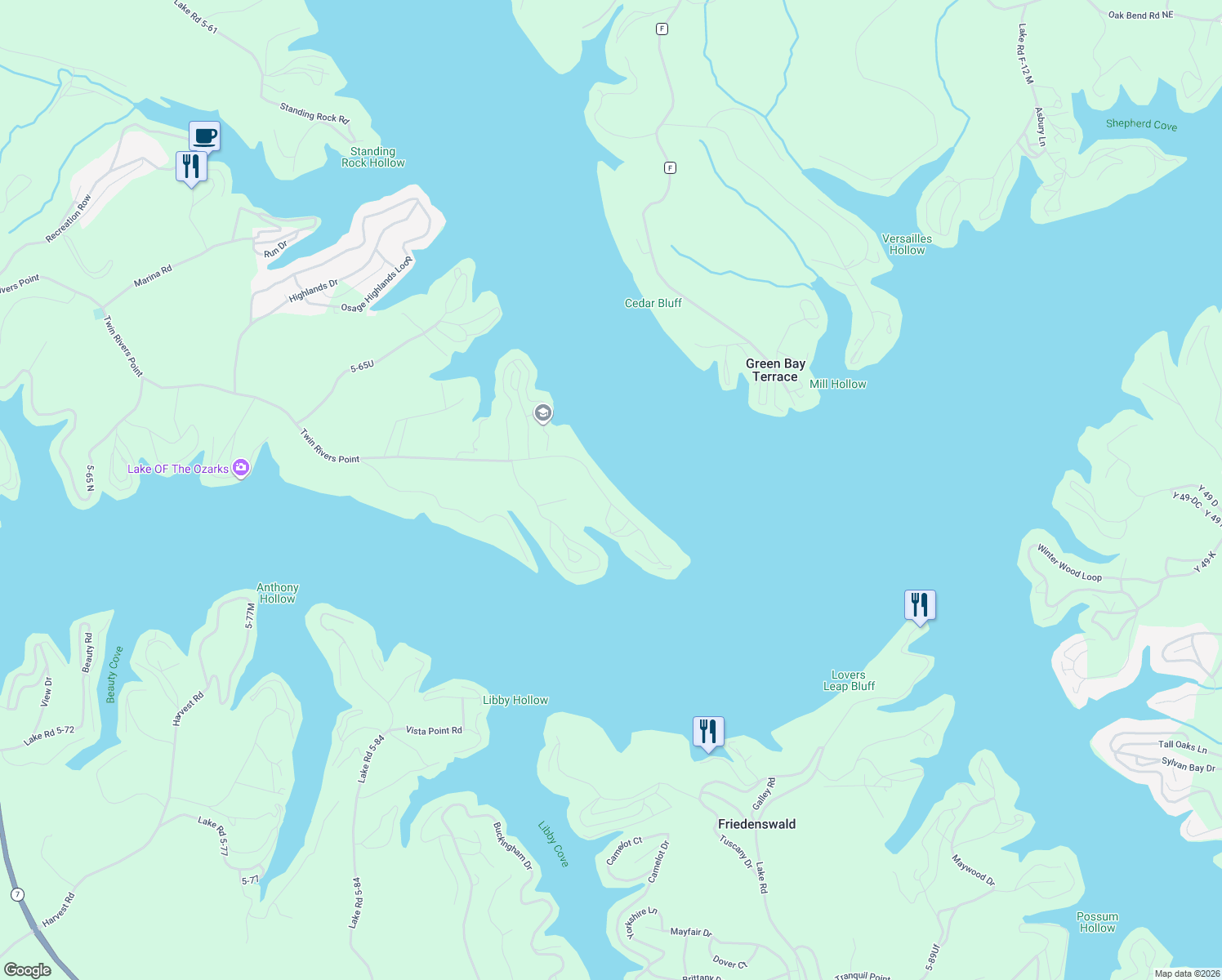 map of restaurants, bars, coffee shops, grocery stores, and more near 2817-2899 Twin Rivers Point in Camdenton