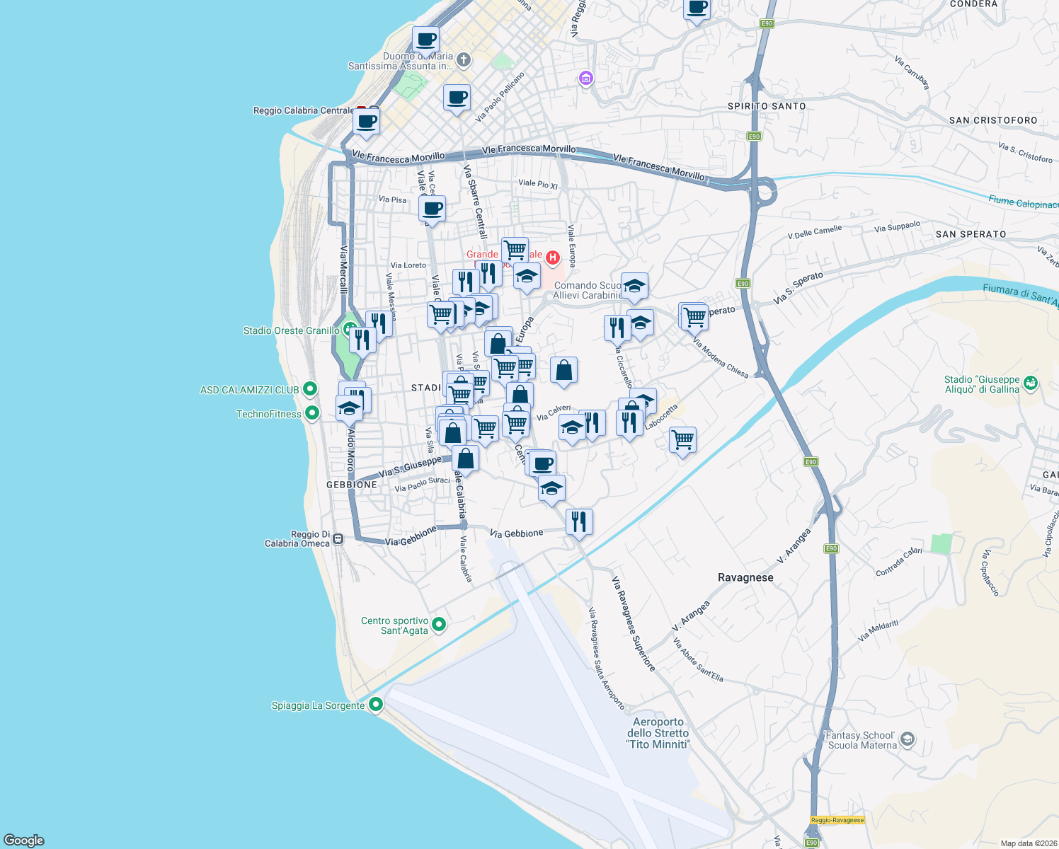map of restaurants, bars, coffee shops, grocery stores, and more near 153 Via Sbarre Superiori in Reggio Calabria