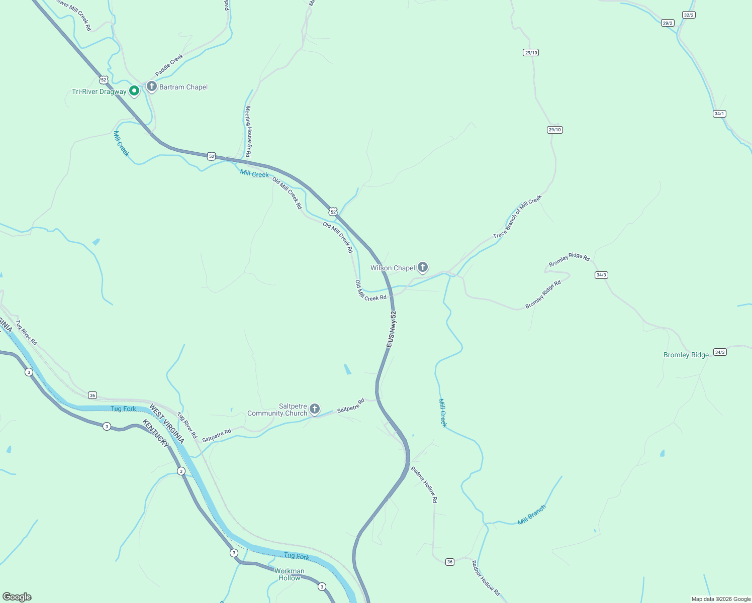 map of restaurants, bars, coffee shops, grocery stores, and more near 62 Old Mill Creek Road in Fort Gay