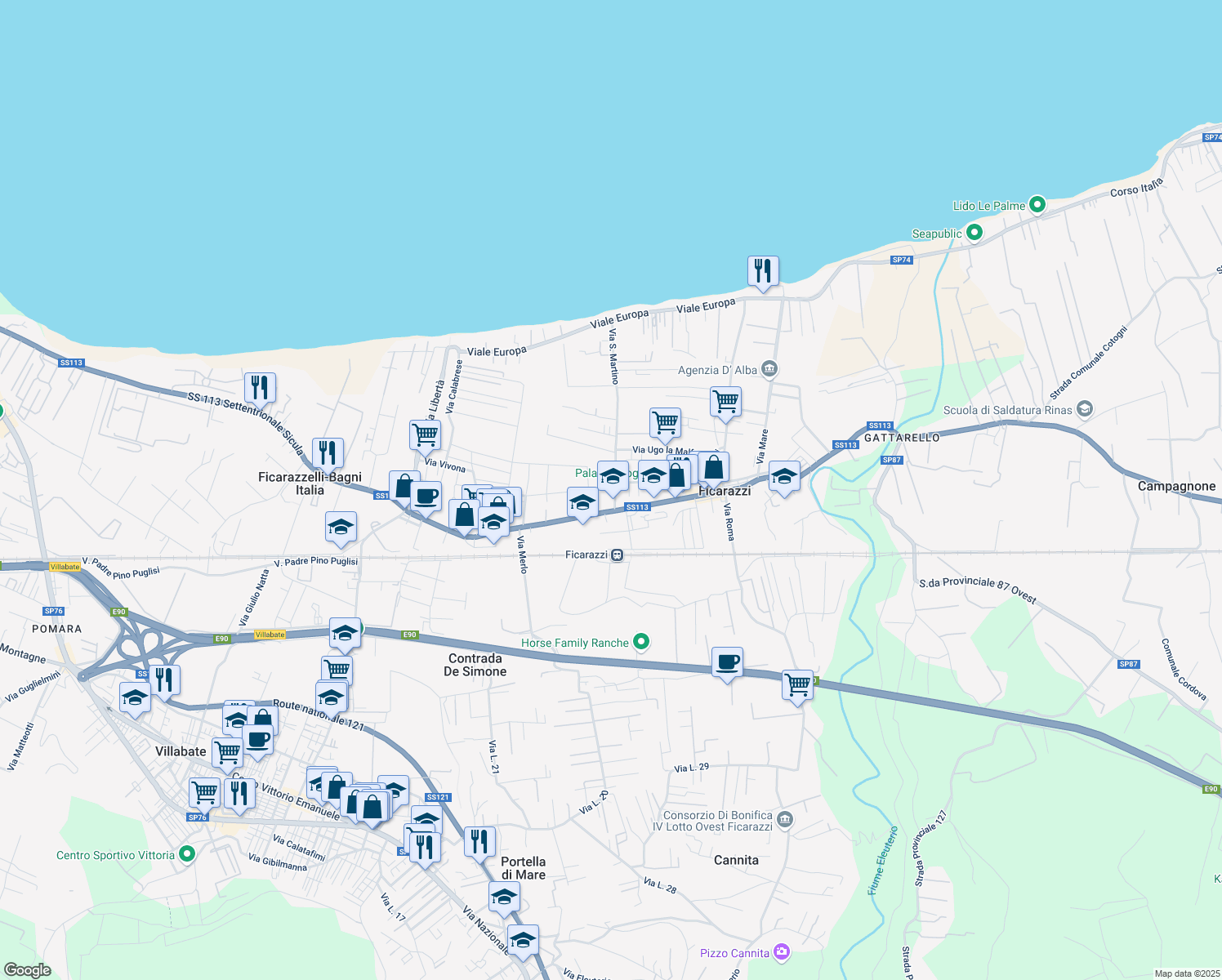 map of restaurants, bars, coffee shops, grocery stores, and more near 47 Via San Martino in Ficarazzi
