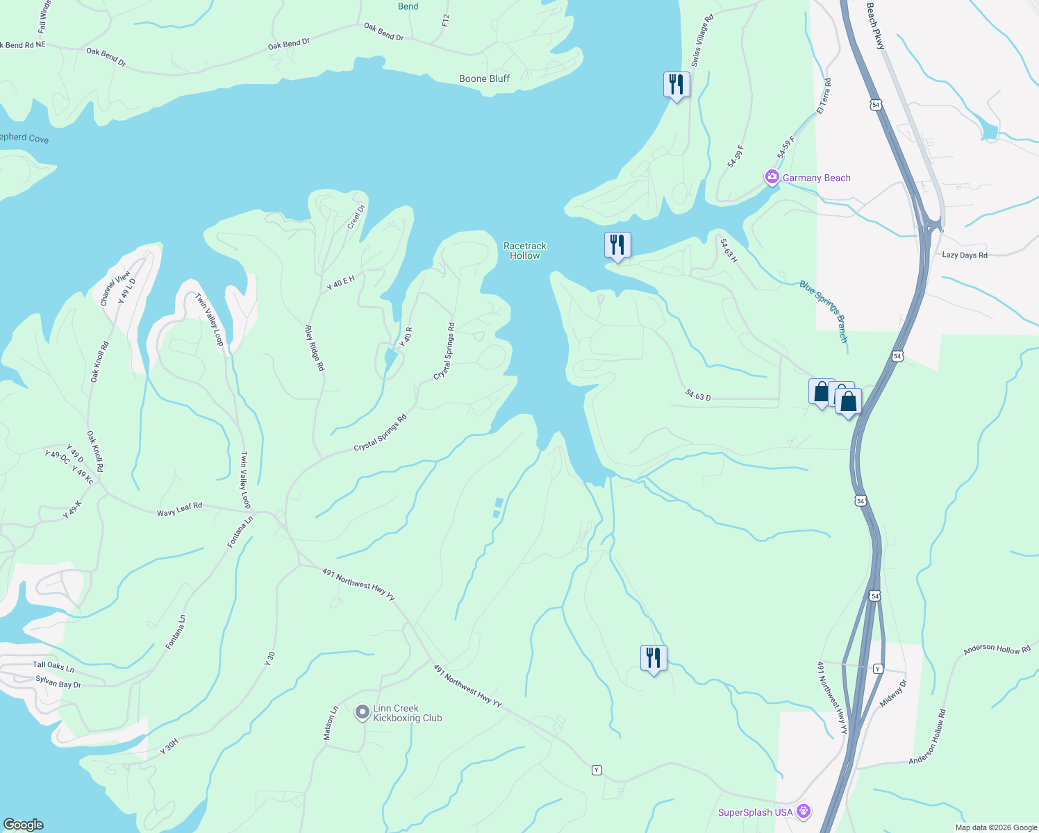 map of restaurants, bars, coffee shops, grocery stores, and more near 122 Tara Racetrack Cove in Linn Creek