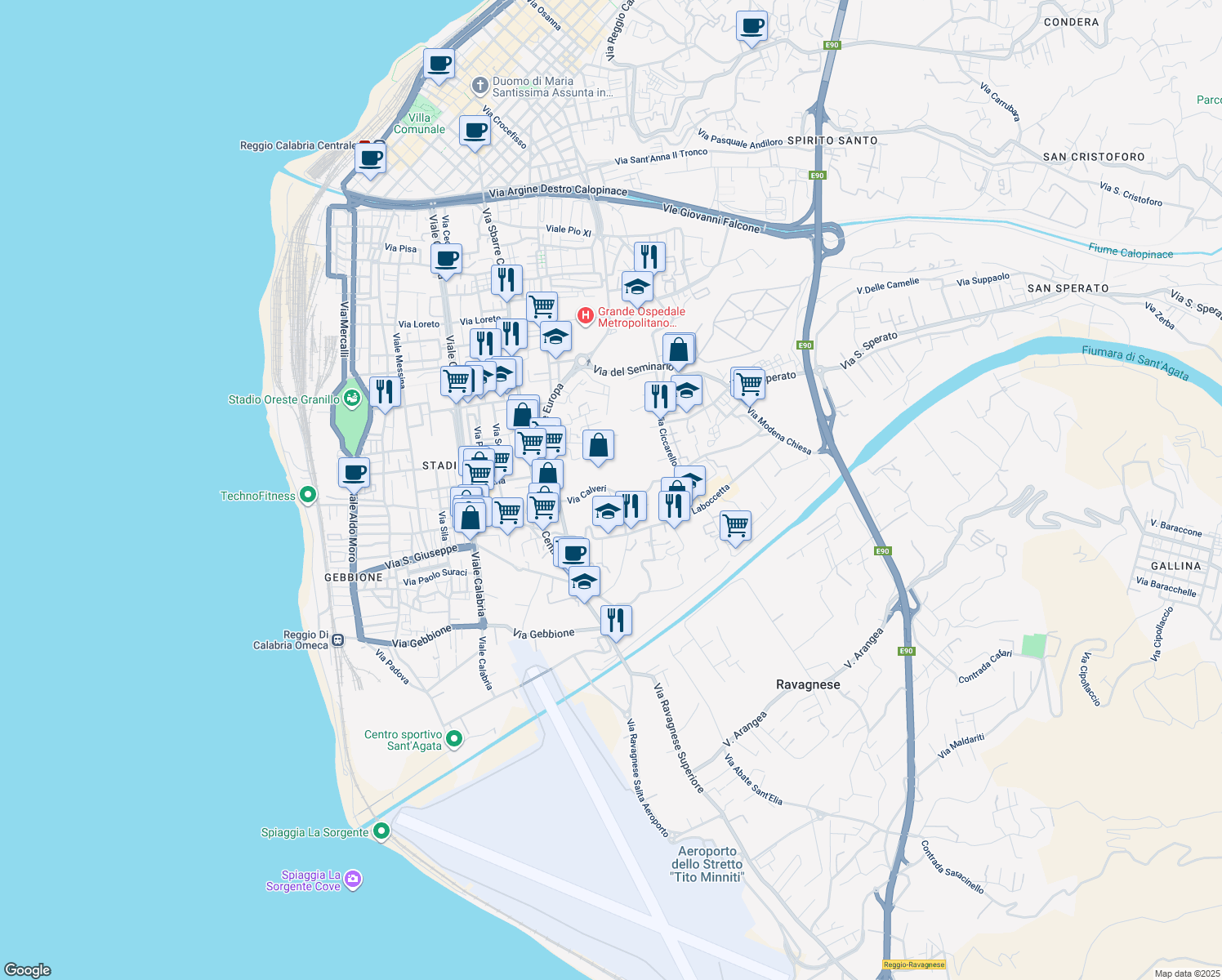map of restaurants, bars, coffee shops, grocery stores, and more near Via Calveri in Reggio Calabria