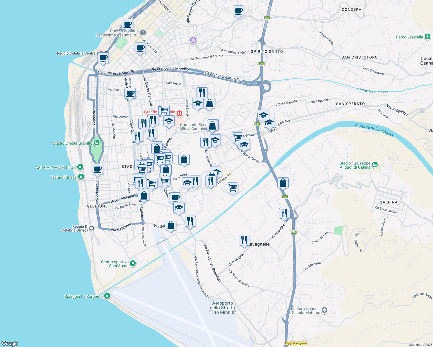 map of restaurants, bars, coffee shops, grocery stores, and more near 113-119 Via Calveri in Reggio Calabria