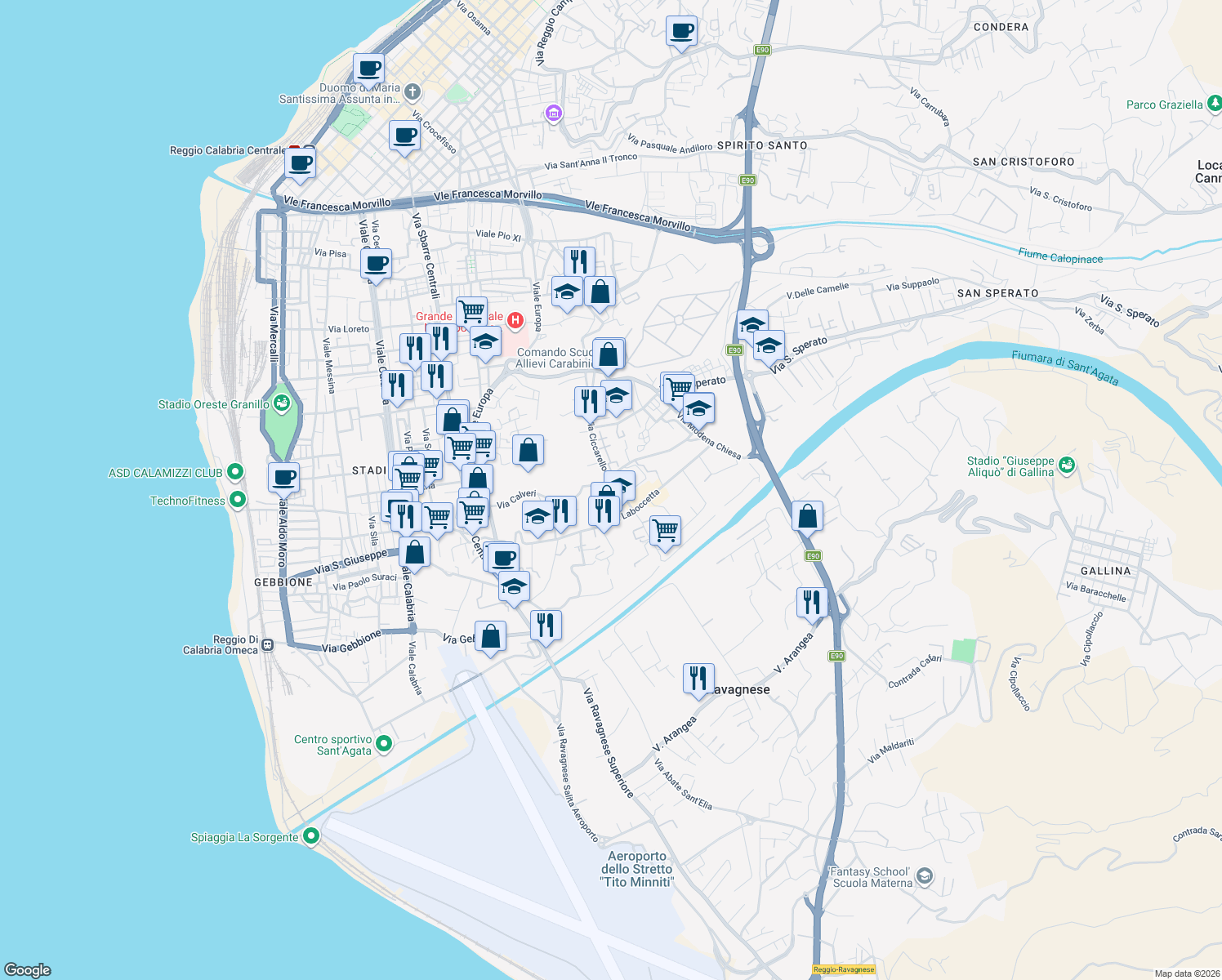 map of restaurants, bars, coffee shops, grocery stores, and more near 119 Via Calveri in Reggio Calabria