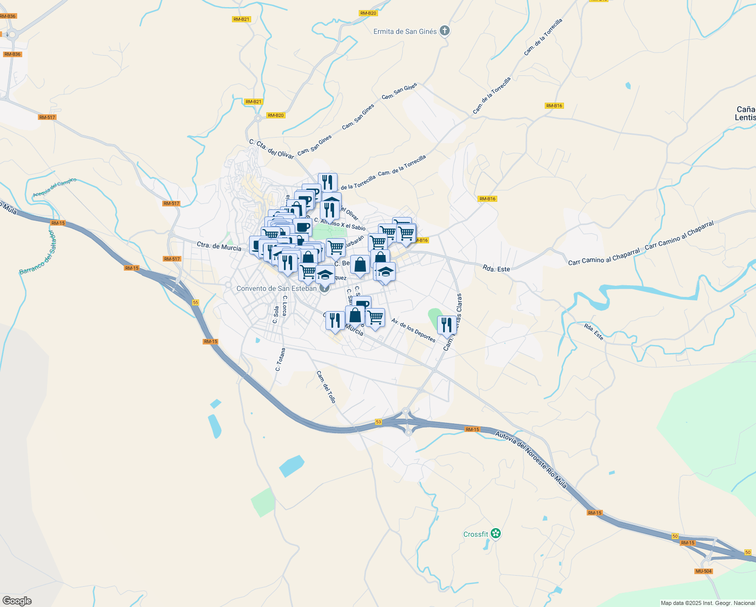 map of restaurants, bars, coffee shops, grocery stores, and more near 1 Calle Pinar in Cehegín