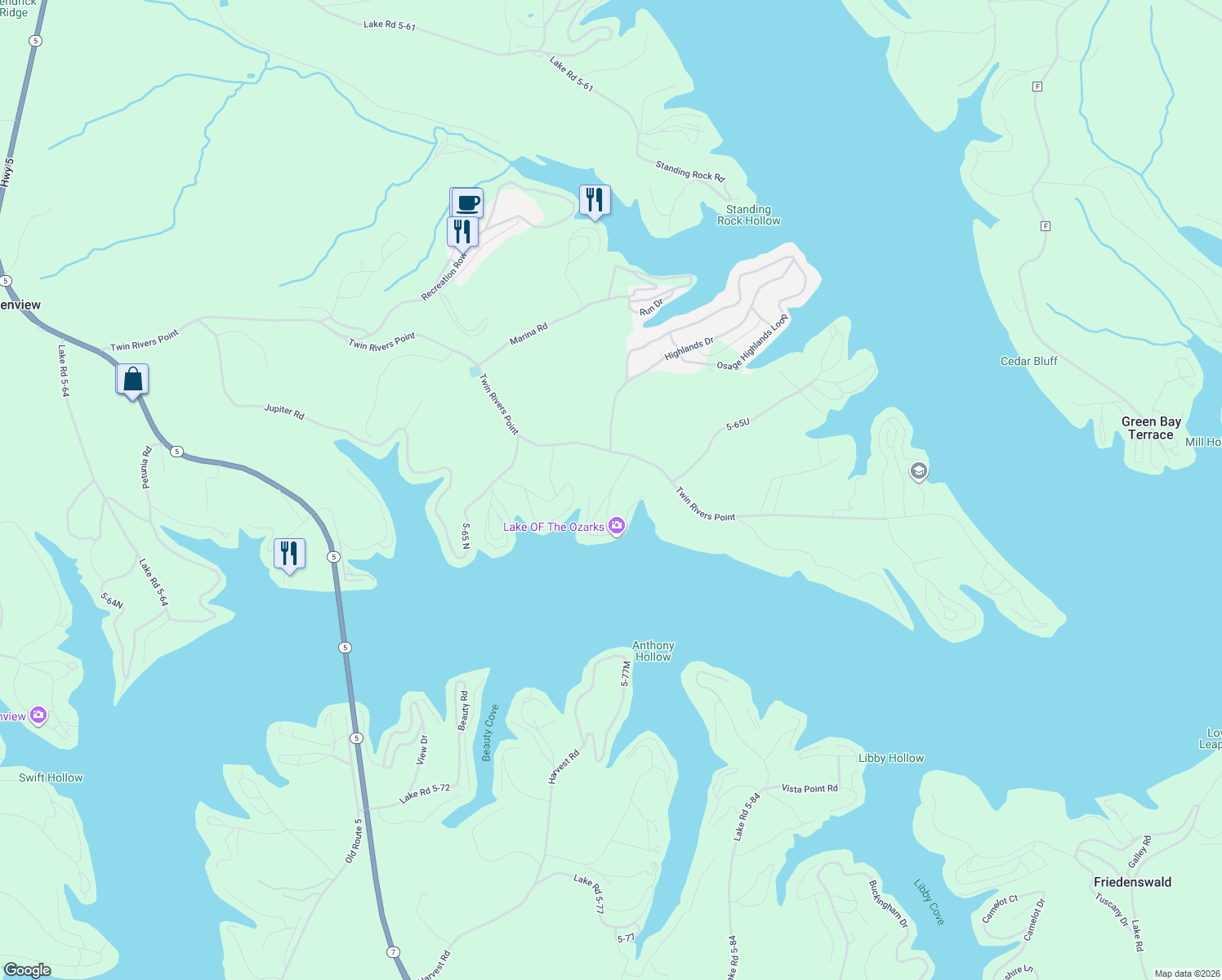 map of restaurants, bars, coffee shops, grocery stores, and more near 223 Hidden Road in Camdenton