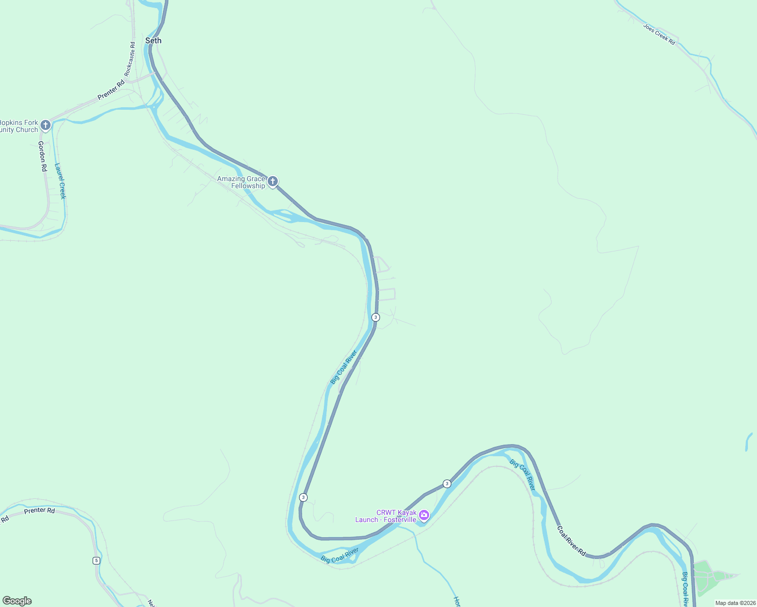map of restaurants, bars, coffee shops, grocery stores, and more near Coal River Road in Seth