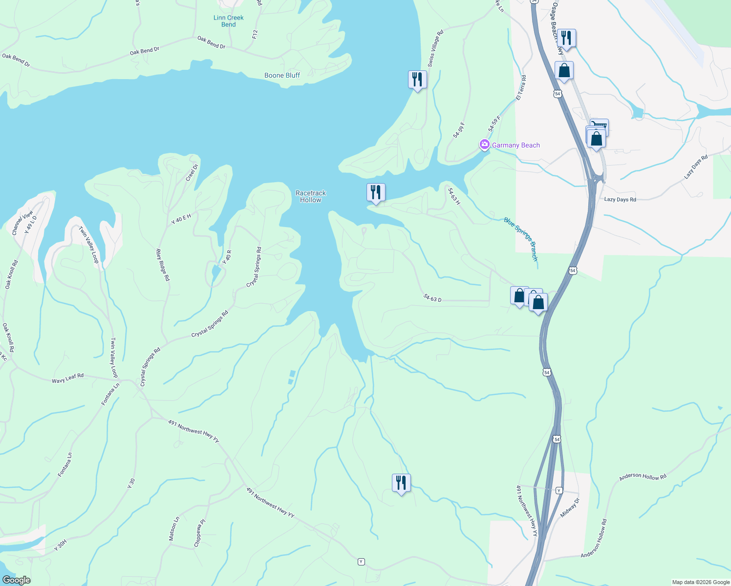 map of restaurants, bars, coffee shops, grocery stores, and more near 1457 Spring Valley Road 54-64 in Osage Beach