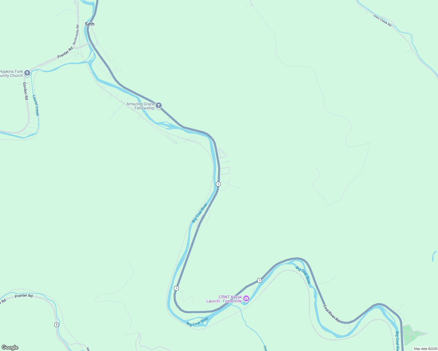 map of restaurants, bars, coffee shops, grocery stores, and more near Coal River Road in Seth