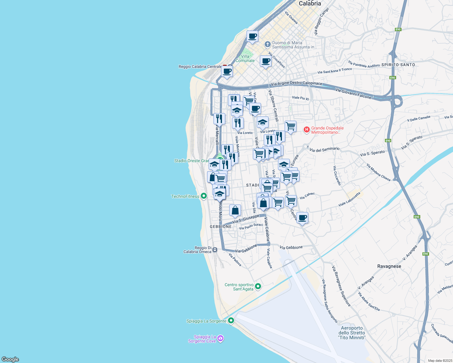 map of restaurants, bars, coffee shops, grocery stores, and more near 6 Via Ecce Homo in Reggio Calabria